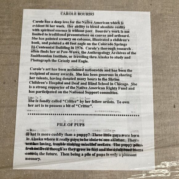 Carole Bourdo "Pile Of Pups" Vtg Signed In Plate Native American Wolf LG Print - Picture 5 of 9